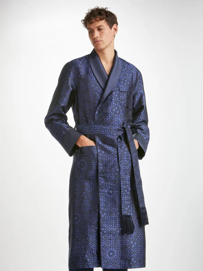 Silk Robes Men Derek Rose Robe Verona 66 Silk Satin Navy