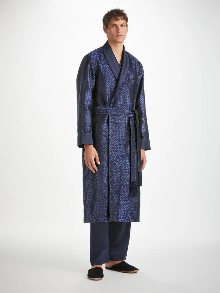 Silk Robes Men Derek Rose Robe Verona 66 Silk Satin Navy