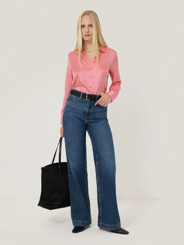 Silk Satin Blend Shirt Pink Women Jigsaw Shirts and Tops