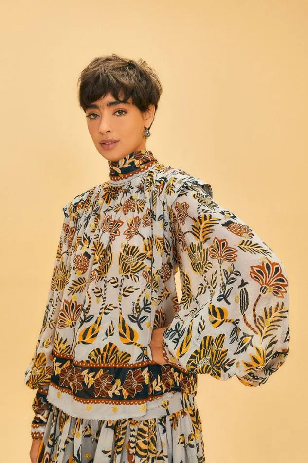 Silver Floral Tapestry Long Sleeve Blouse Women FARM Rio Blouses