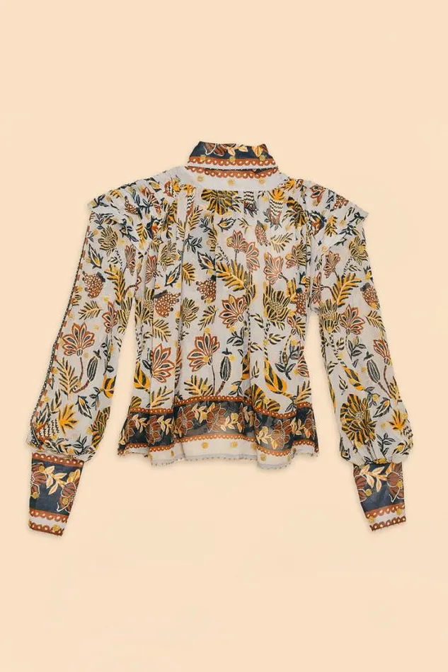 Silver Floral Tapestry Long Sleeve Blouse Women FARM Rio Blouses