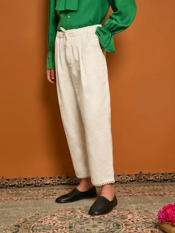 Sister Jane Bottoms Womenswear Chai Jacquard Drawstring Trousers Pearled Cream
