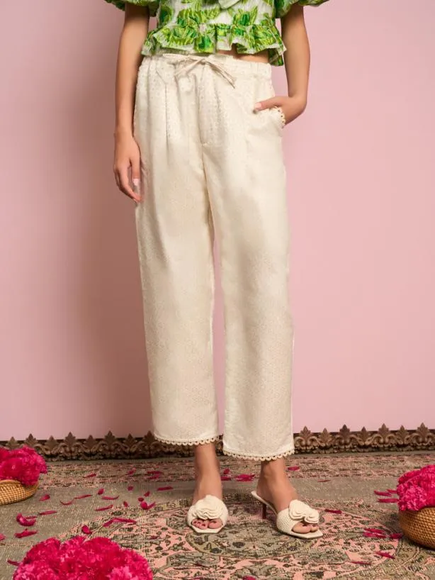 Sister Jane Bottoms Womenswear Chai Jacquard Drawstring Trousers Pearled Cream