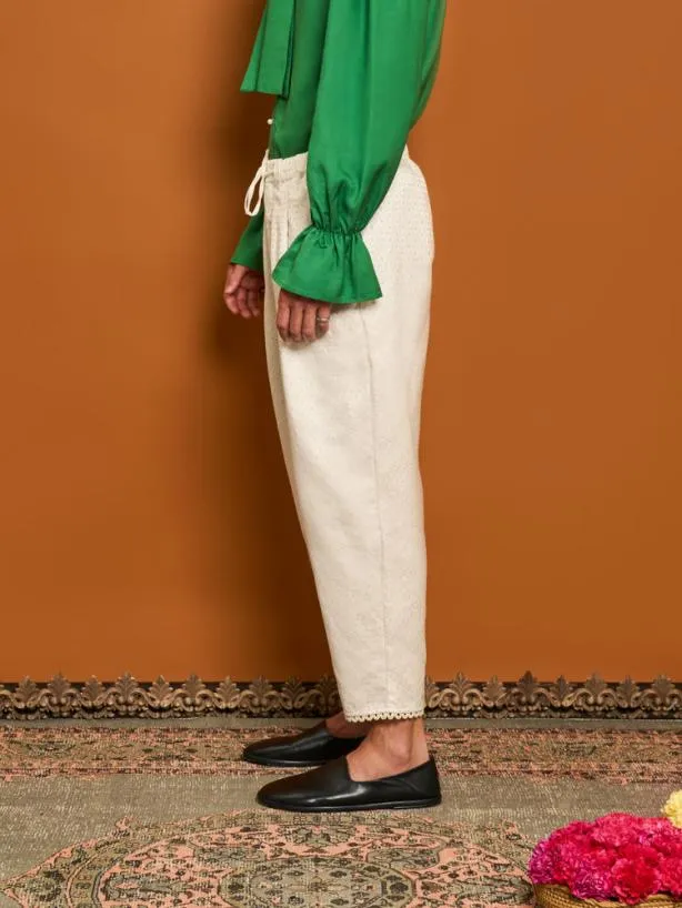 Sister Jane Bottoms Womenswear Chai Jacquard Drawstring Trousers Pearled Cream