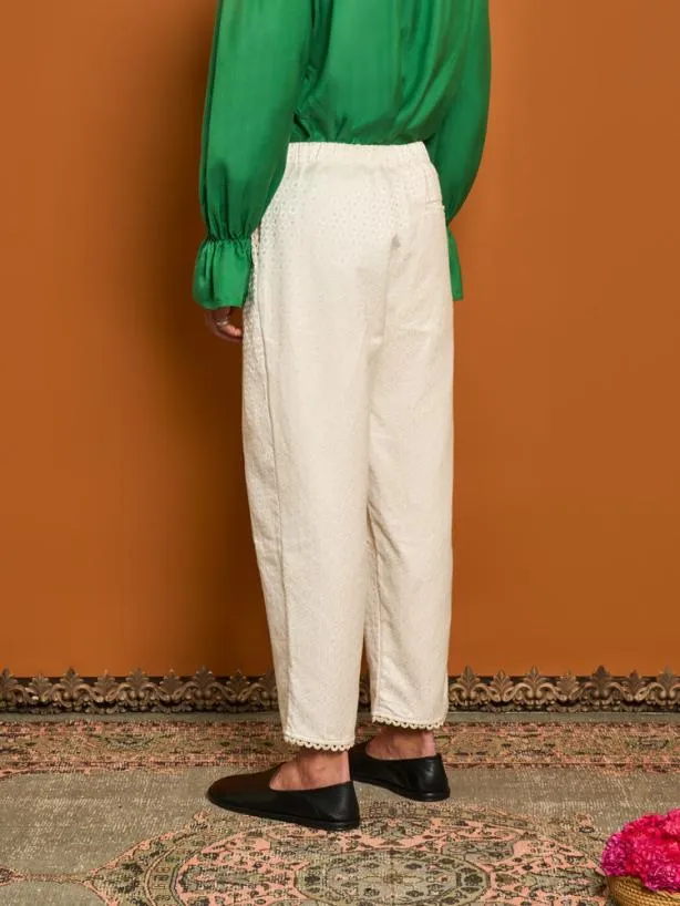 Sister Jane Bottoms Womenswear Chai Jacquard Drawstring Trousers Pearled Cream