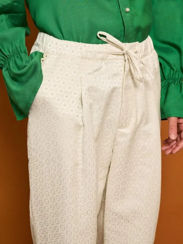 Sister Jane Bottoms Womenswear Chai Jacquard Drawstring Trousers Pearled Cream