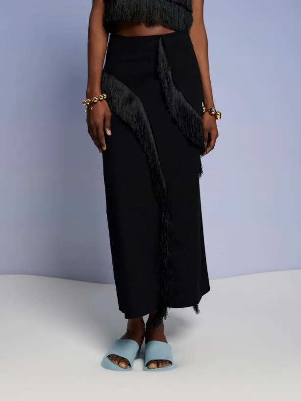 Sister Jane Bottoms Womenswear Ghospell Winnie Fringe Midi Skirt Coal Black