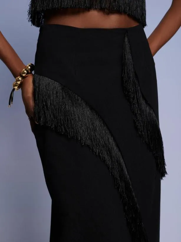 Sister Jane Bottoms Womenswear Ghospell Winnie Fringe Midi Skirt Coal Black