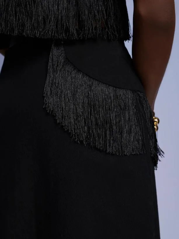 Sister Jane Bottoms Womenswear Ghospell Winnie Fringe Midi Skirt Coal Black