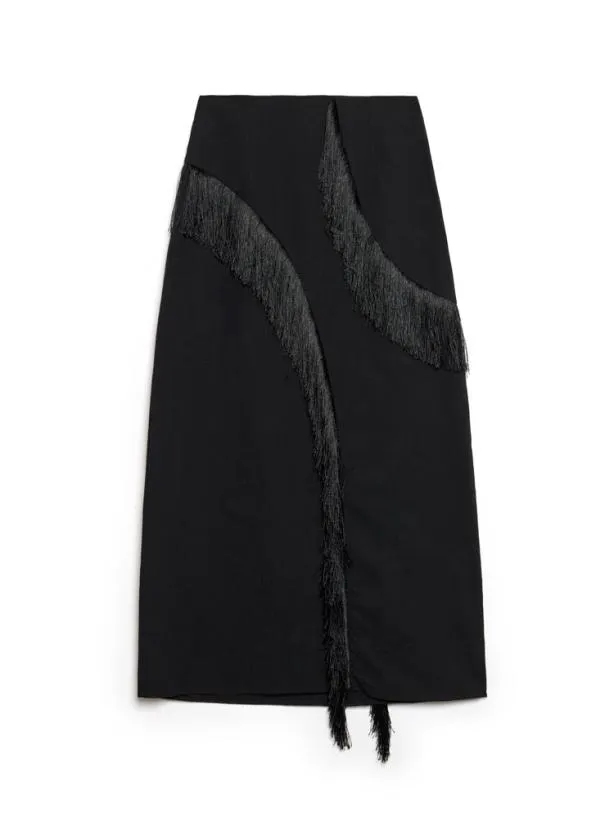 Sister Jane Bottoms Womenswear Ghospell Winnie Fringe Midi Skirt Coal Black
