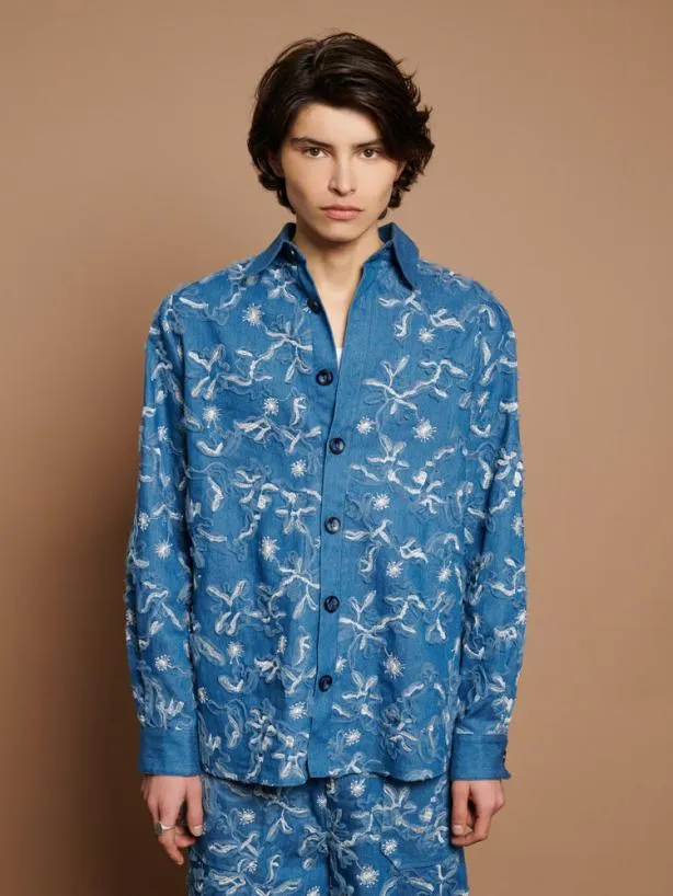 Sister Jane Tops Womenswear Honeycomb Denim Over Shirt Indigo Blue