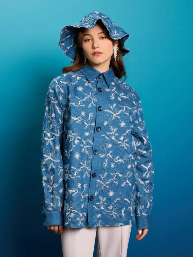 Sister Jane Tops Womenswear Honeycomb Denim Over Shirt Indigo Blue