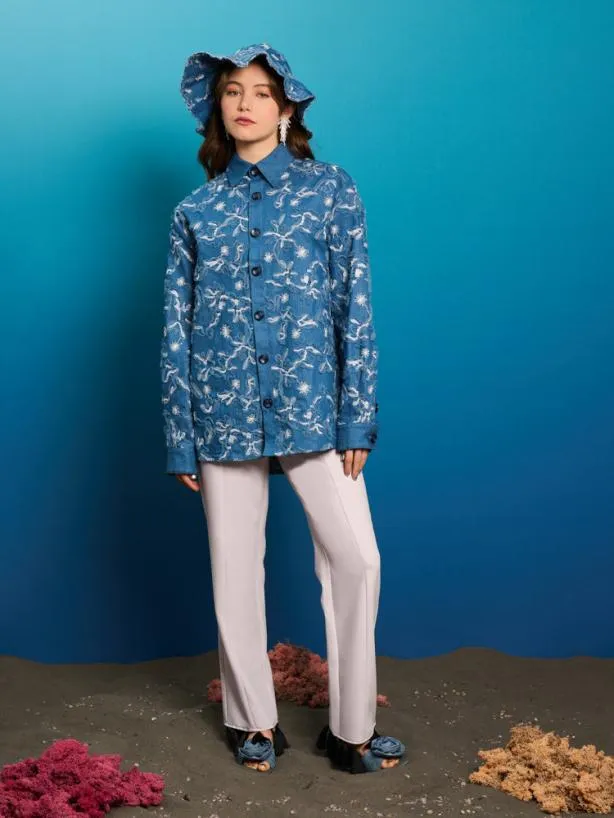 Sister Jane Tops Womenswear Honeycomb Denim Over Shirt Indigo Blue
