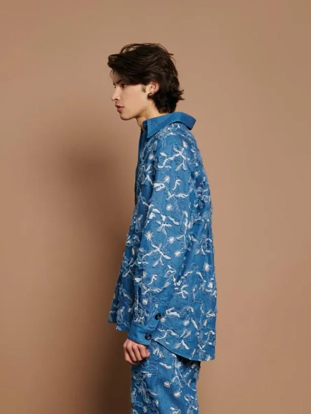 Sister Jane Tops Womenswear Honeycomb Denim Over Shirt Indigo Blue