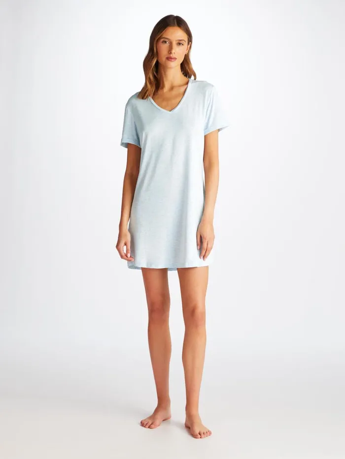 Sleep TShirts Women Derek Rose VNeck Sleep TShirt Ethan Micro Modal Stretch Light Blue Marl