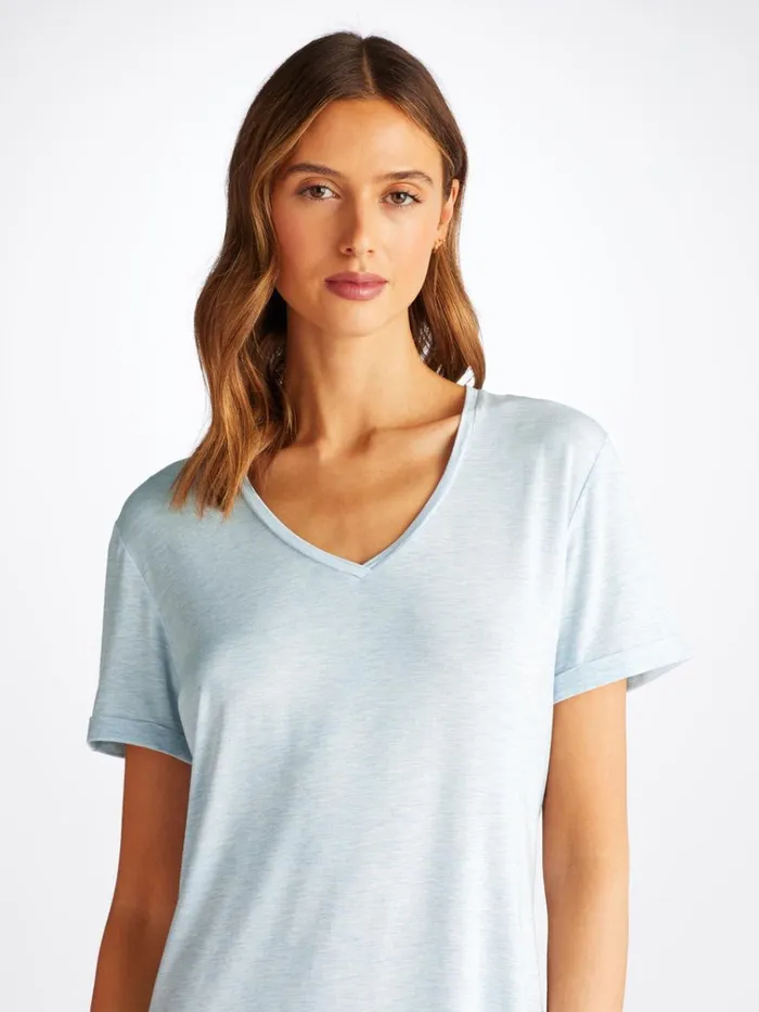 Sleep TShirts Women Derek Rose VNeck Sleep TShirt Ethan Micro Modal Stretch Light Blue Marl