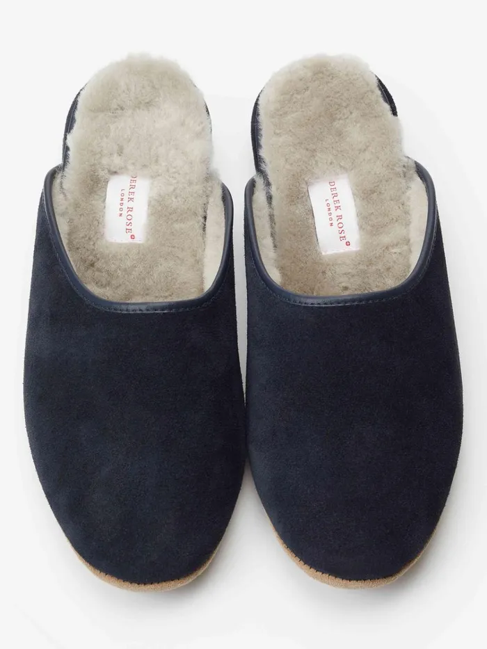 Slippers MenSlippers Derek Rose Mule Slippers Douglas Suede Sheepskin Navy
