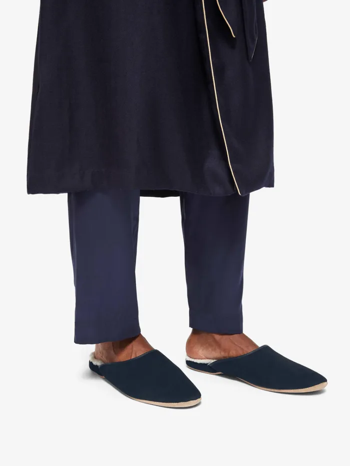 Slippers MenSlippers Derek Rose Mule Slippers Douglas Suede Sheepskin Navy