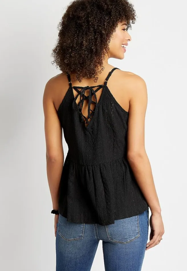 Solid Embroidered Lace Up Back Tank Top Women Maurices Tops