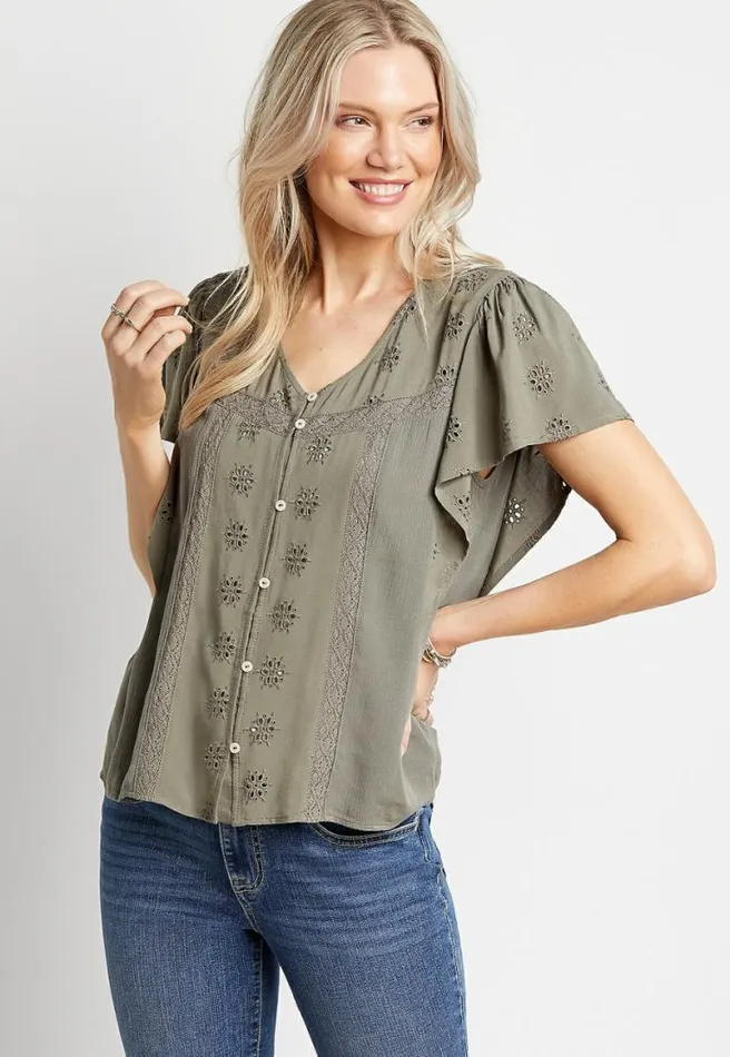 Solid Eyelet Lace Button Front Top Women Maurices Tops
