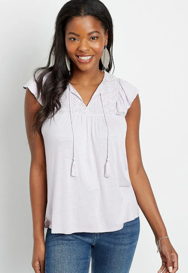 Solid Lace Yoke Tassel Top Women Maurices Tops
