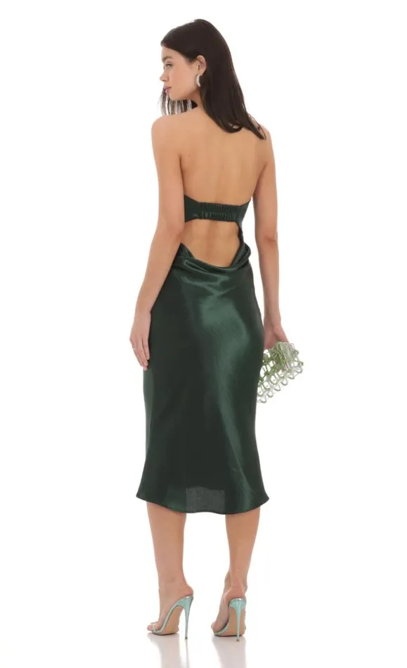 Strapless Satin Open Back Midi Dress Green Women LUCY IN THE SKY Midi Dresses