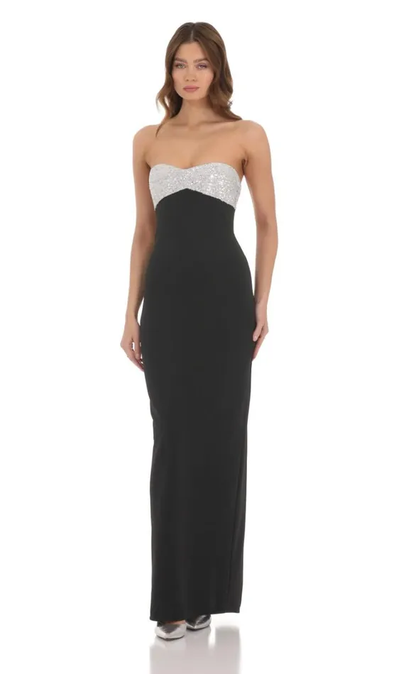 Strapless White Sequin Maxi Dress Black Women LUCY IN THE SKY Maxi Dresses