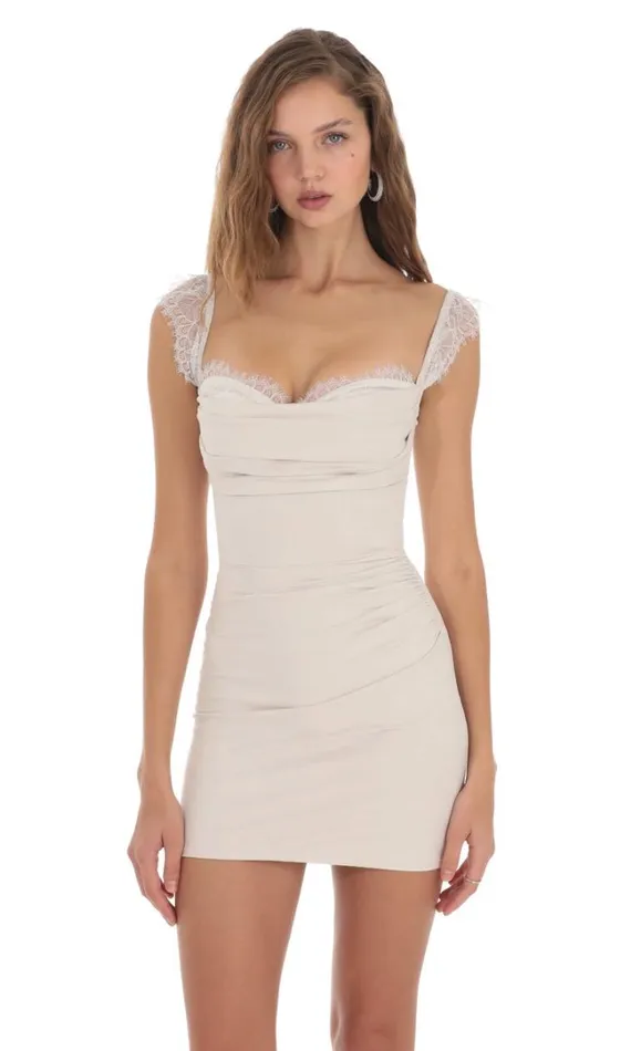 Suede Draped Lace Strap Dress Cream Women LUCY IN THE SKY Mini Dresses