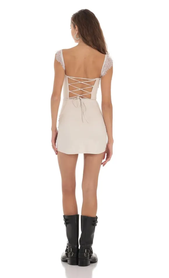 Suede Draped Lace Strap Dress Cream Women LUCY IN THE SKY Mini Dresses Suede Draped Lace Strap Dress Cream Women LUCY IN THE SKY Mini Dresses