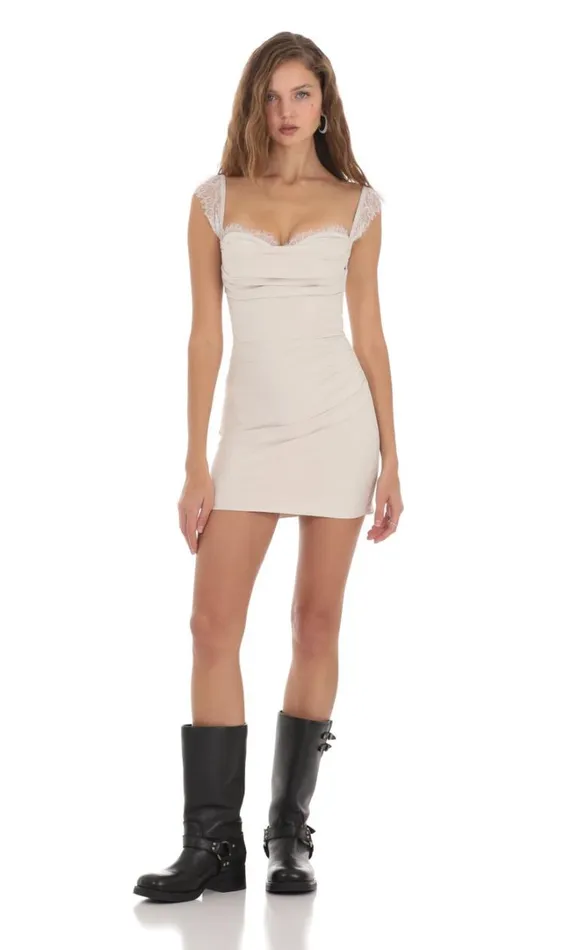 Suede Draped Lace Strap Dress Cream Women LUCY IN THE SKY Mini Dresses Suede Draped Lace Strap Dress Cream Women LUCY IN THE SKY Mini Dresses