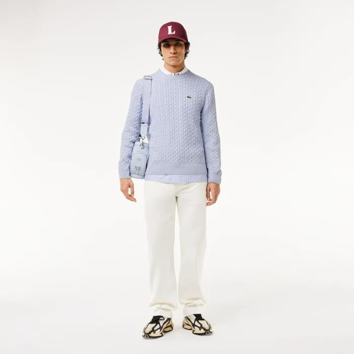 Sweaters and Sweatshirts Men Lacoste Men039s Cable Knit Cotton Sweater Light Blue Bordeaux It6