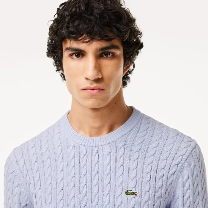 Sweaters and Sweatshirts Men Lacoste Men039s Cable Knit Cotton Sweater Light Blue Bordeaux It6