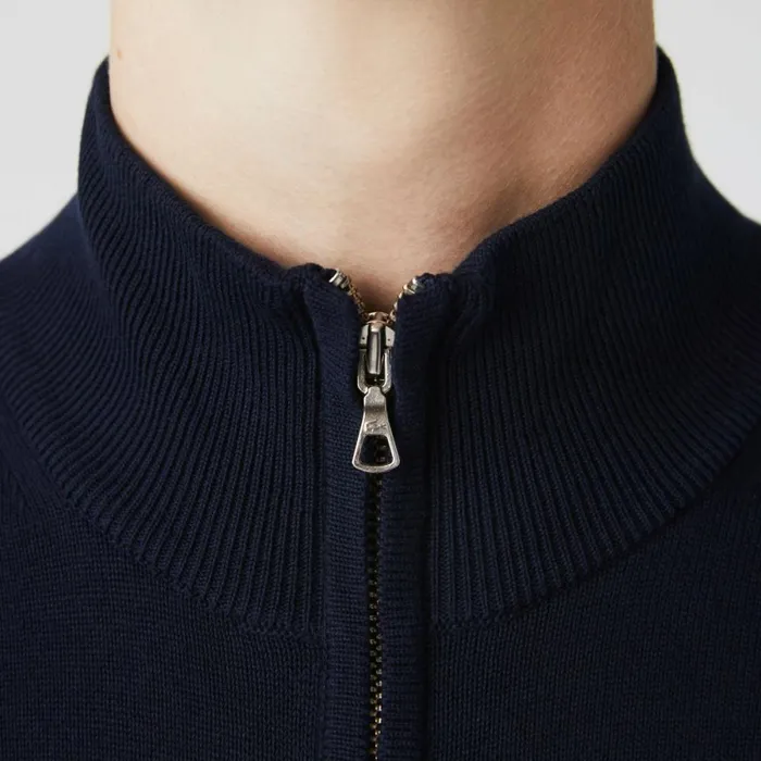 Sweaters and Sweatshirts Men Lacoste Men039s HighNeck Organic Cotton ZipUp Sweater Navy Blue 166
