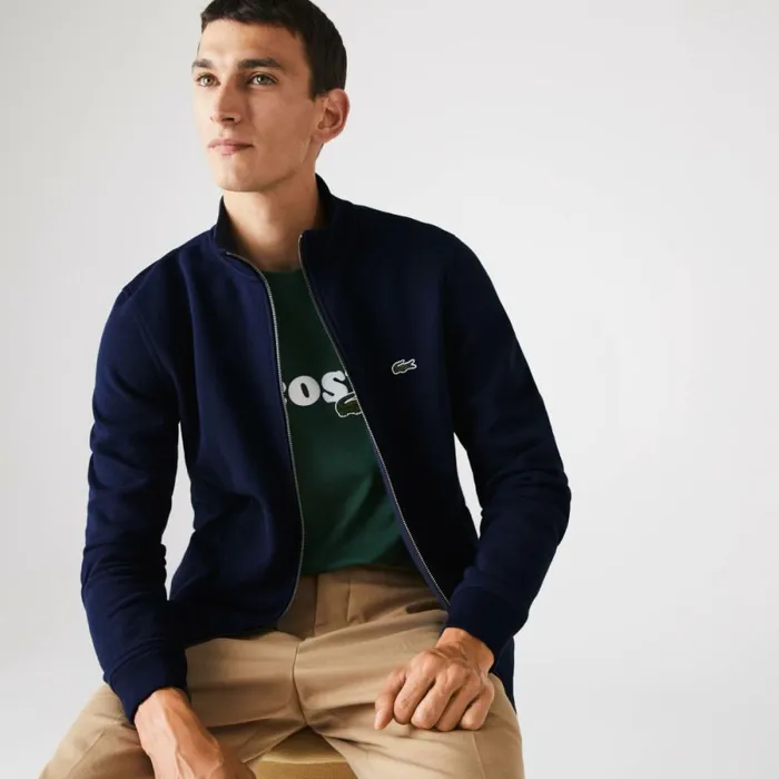 Sweaters and Sweatshirts Men Lacoste Men039s ZipUp Piqu Fleece Jacket Navy Blue 166
