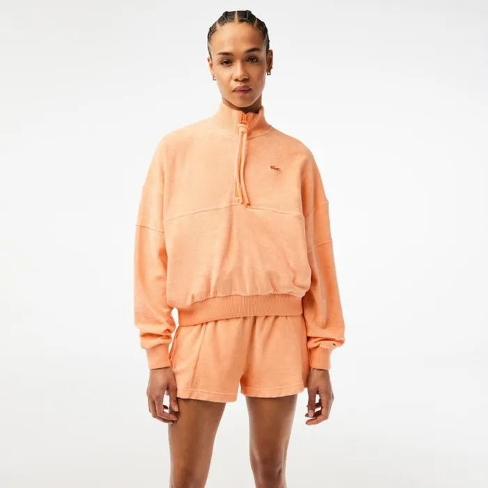 Sweaters and Sweatshirts Women Lacoste Womens HighNeck Terry Cloth Half Zip Sweatshirt Light Orange Heb