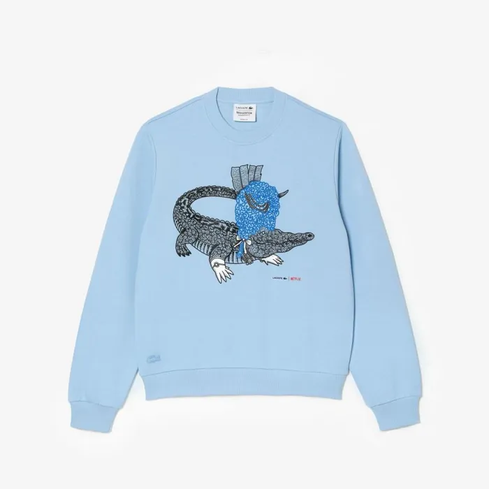 Sweaters and Sweatshirts Women Lacoste Womens Lacoste X Netflix Loose Fit Organic Cotton Fleece Sweatshirt Pastel Blue Hbp