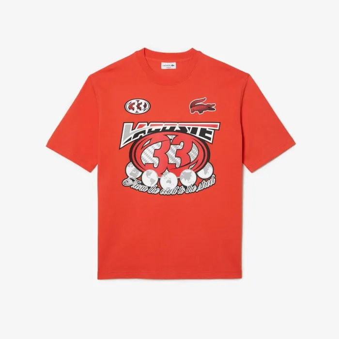 TShirts Men Lacoste Mens Loose Fit Cotton Jersey Print TShirt Orange 02k