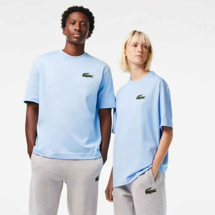 TShirts MenWomen Lacoste Unisex Loose Fit Large Croc Organic Heavy Cotton TShirt Pastel Blue Hbp