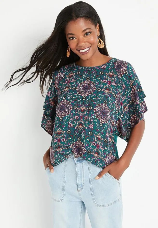 Teal Floral Flutter Sleeve Top Women Maurices Tops