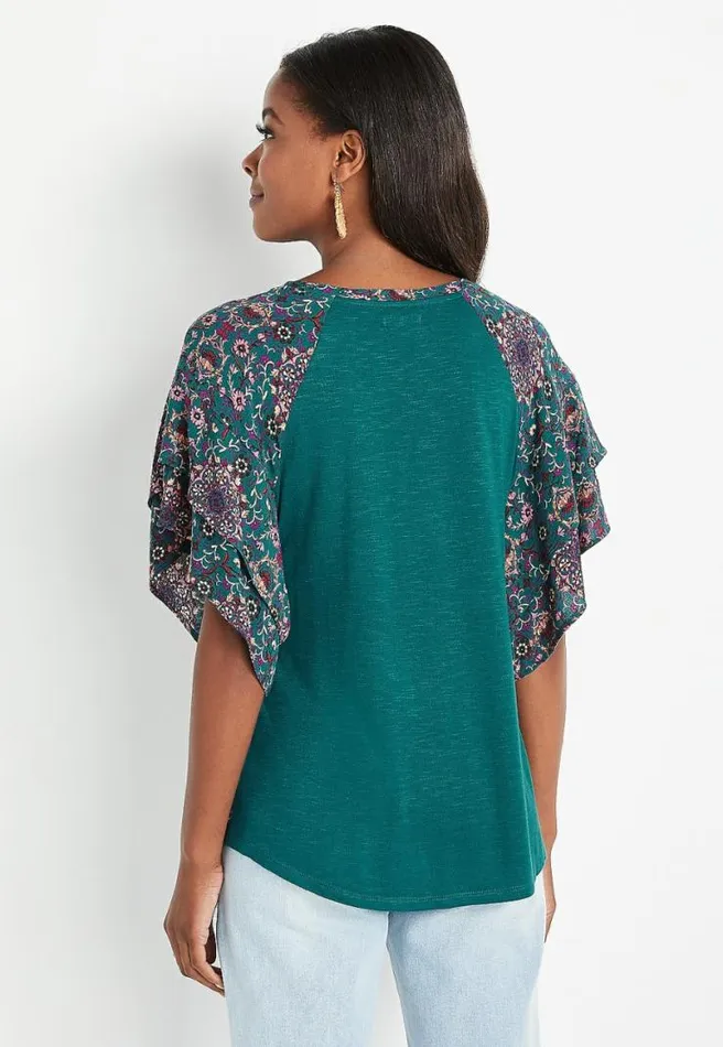 Teal Floral Flutter Sleeve Top Women Maurices Tops