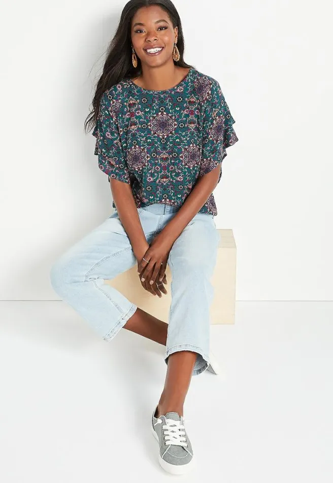 Teal Floral Flutter Sleeve Top Women Maurices Tops