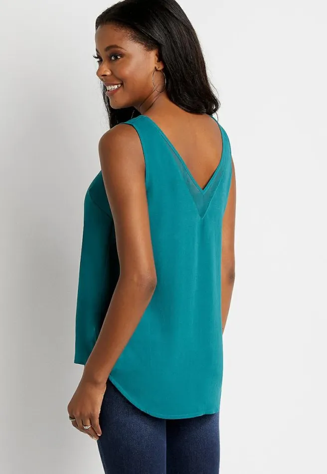 Teal Sheer Inset V Neck Tank Top Women Maurices Tops