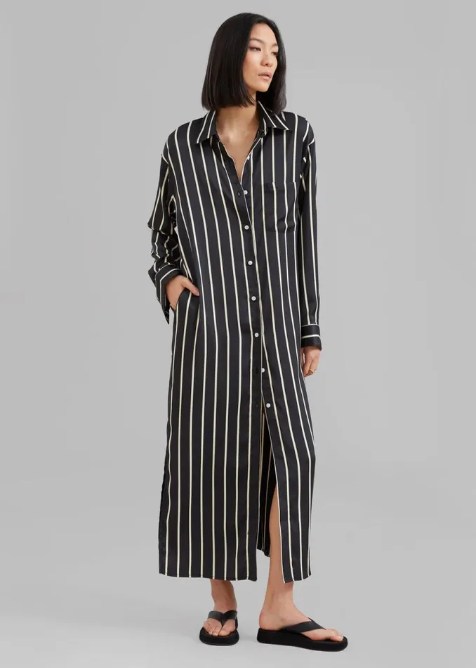 The Frankie Shop Cala Satin Shirt Dress 8211 Beige Stripe Shop Dresses