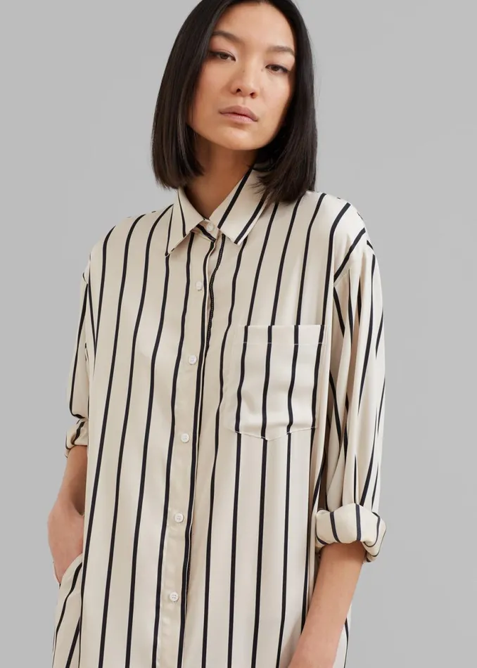 The Frankie Shop Cala Satin Shirt Dress 8211 Black Stripe Shop Dresses