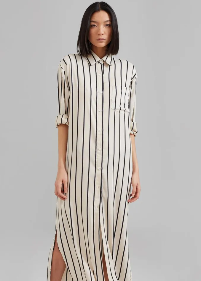 The Frankie Shop Cala Satin Shirt Dress 8211 Black Stripe Shop Dresses