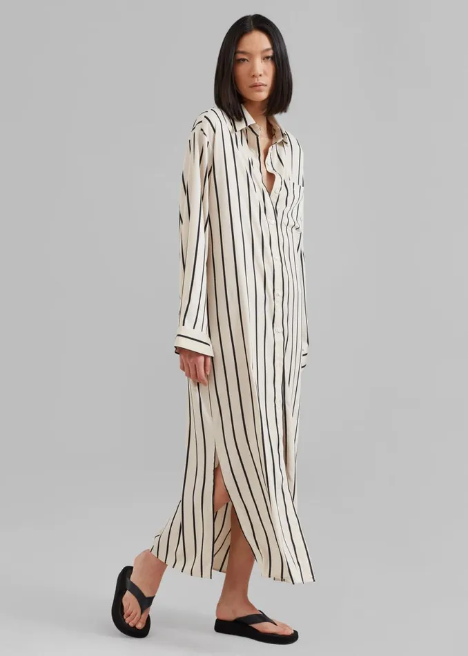 The Frankie Shop Cala Satin Shirt Dress 8211 Black Stripe Shop Dresses
