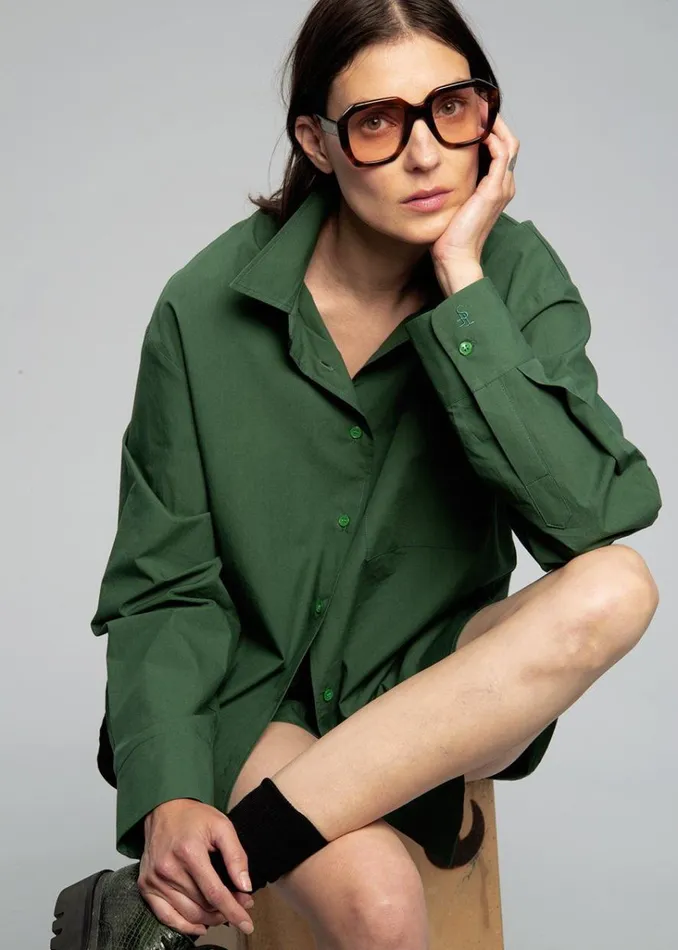 The Frankie Shop Lui Organic Cotton Shirt 8211 Hunter Green Shop Tops