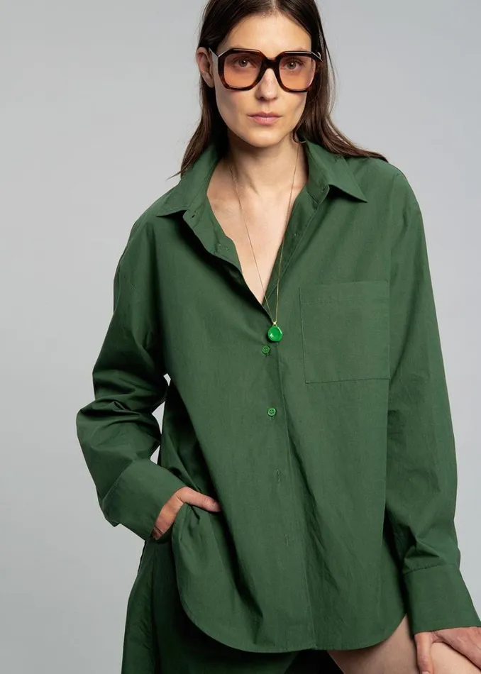 The Frankie Shop Lui Organic Cotton Shirt 8211 Hunter Green Shop Tops