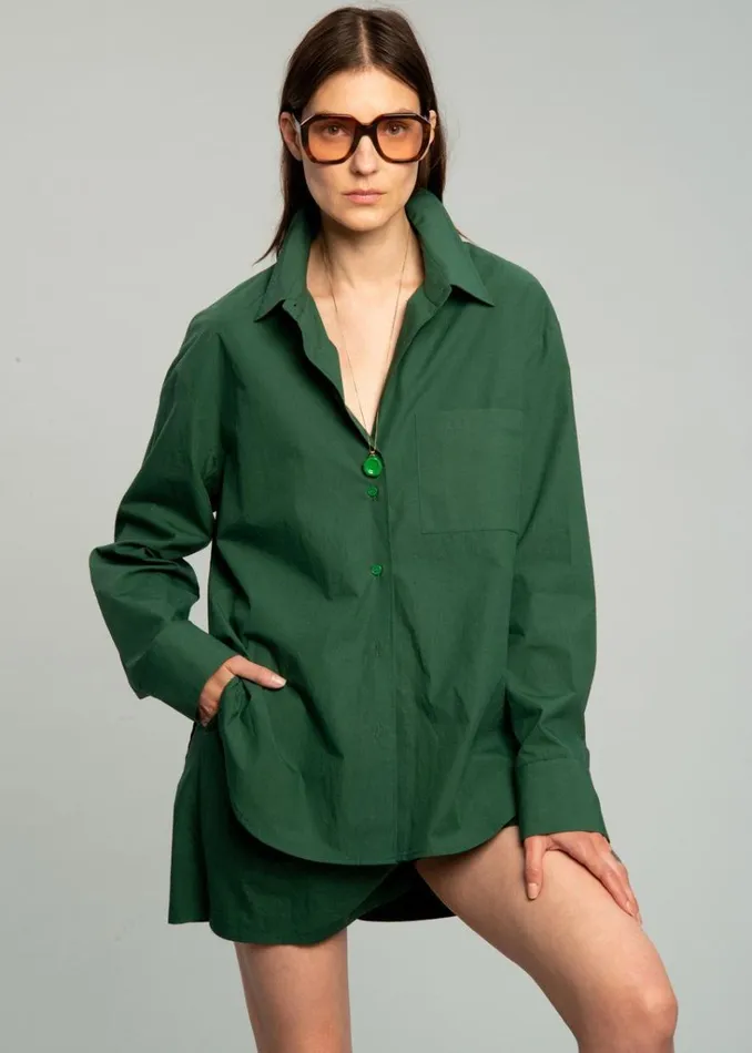 The Frankie Shop Lui Organic Cotton Shirt 8211 Hunter Green Shop Tops