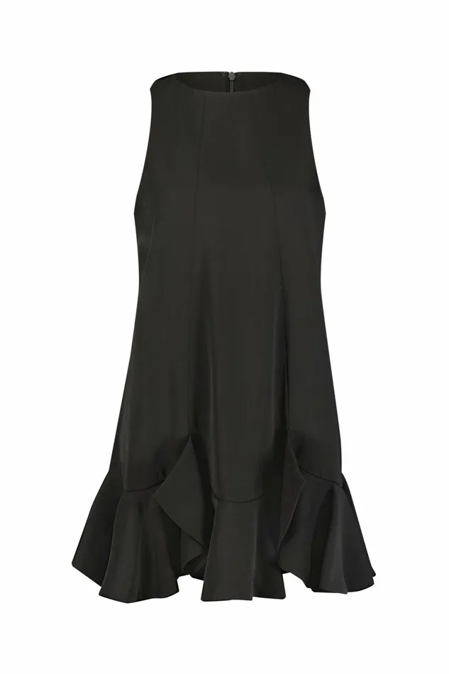 The Mia High Neck Sleeveless Crepe Mini Dress With Ruffle Hem Black Women Every Day Dresses Mac Duggal